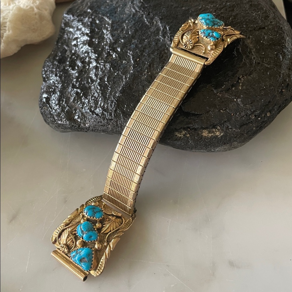 Gold 14K Native American Turquoise Vintage Watch Tips signed Walley - Picture 15 of 15
